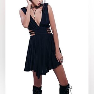 Black Cutout V-Neck Women’s Stretch Waist Pull On Dress